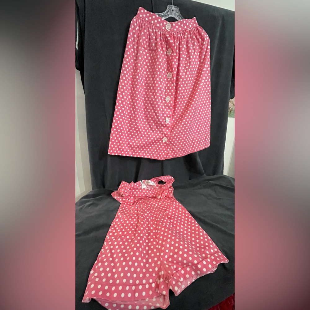 Bettie Page Tatyana playsuit set skirt & romper polka dot flower buttons small